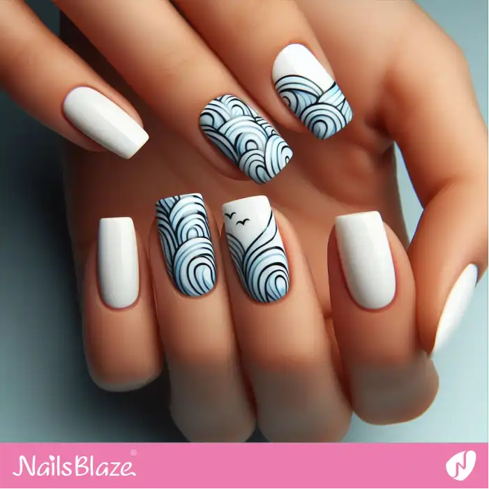 White Nails with Ocean Design | Save the Ocean Nails - NB3261